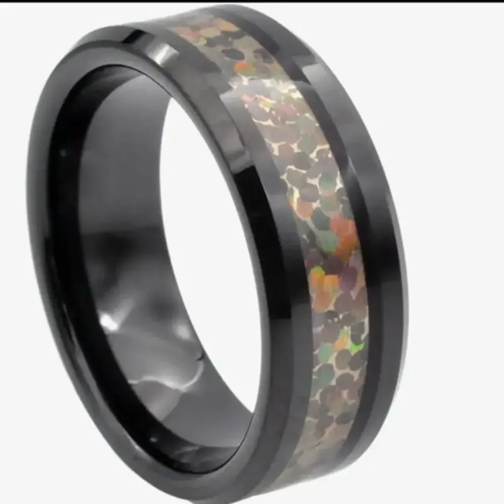 Men's Black Tungsten 8mm Band Ring with Fire Opal Inlay